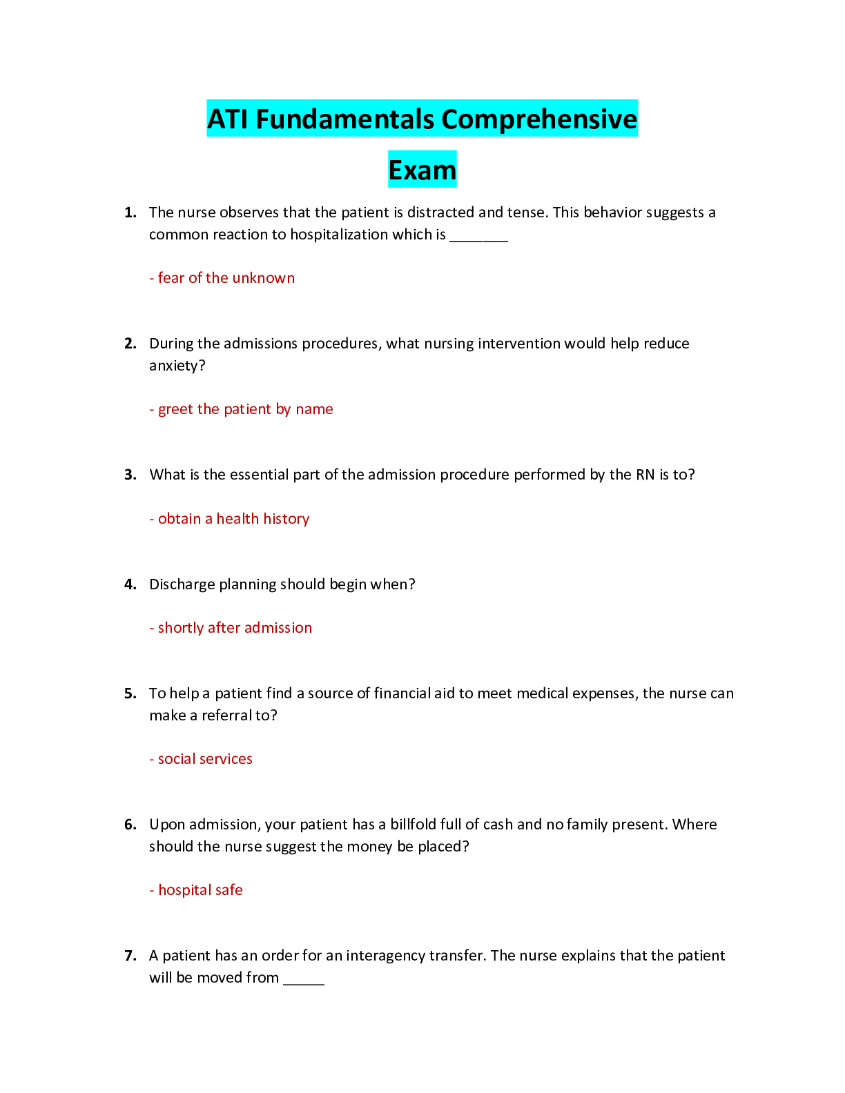 Preview image for ATI Fundamentals Comprehensive Exam. (2021/2022)